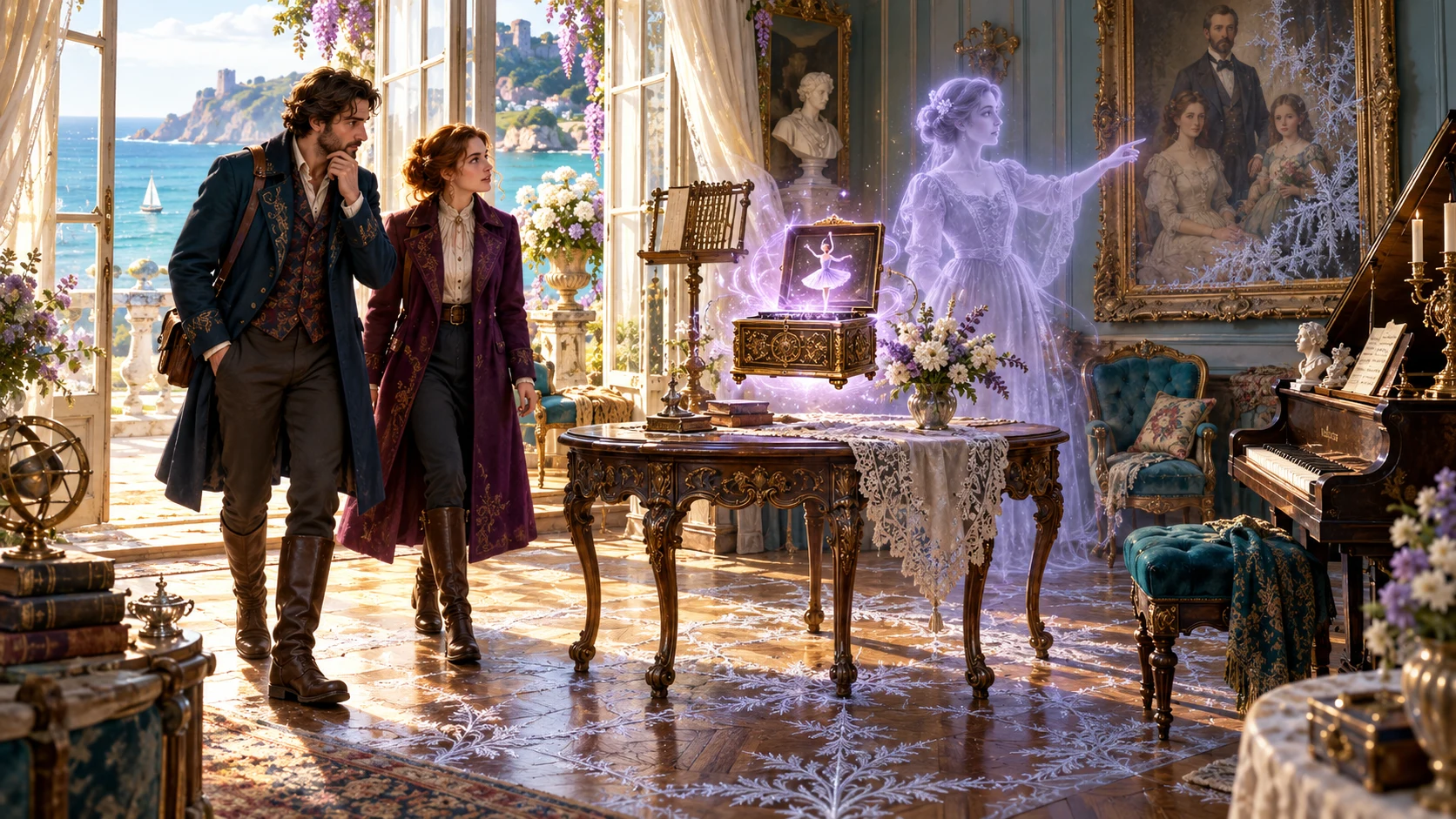 Two investigators observe a luminous spirit, music box and recurring frost patterns in a seaside manor room.