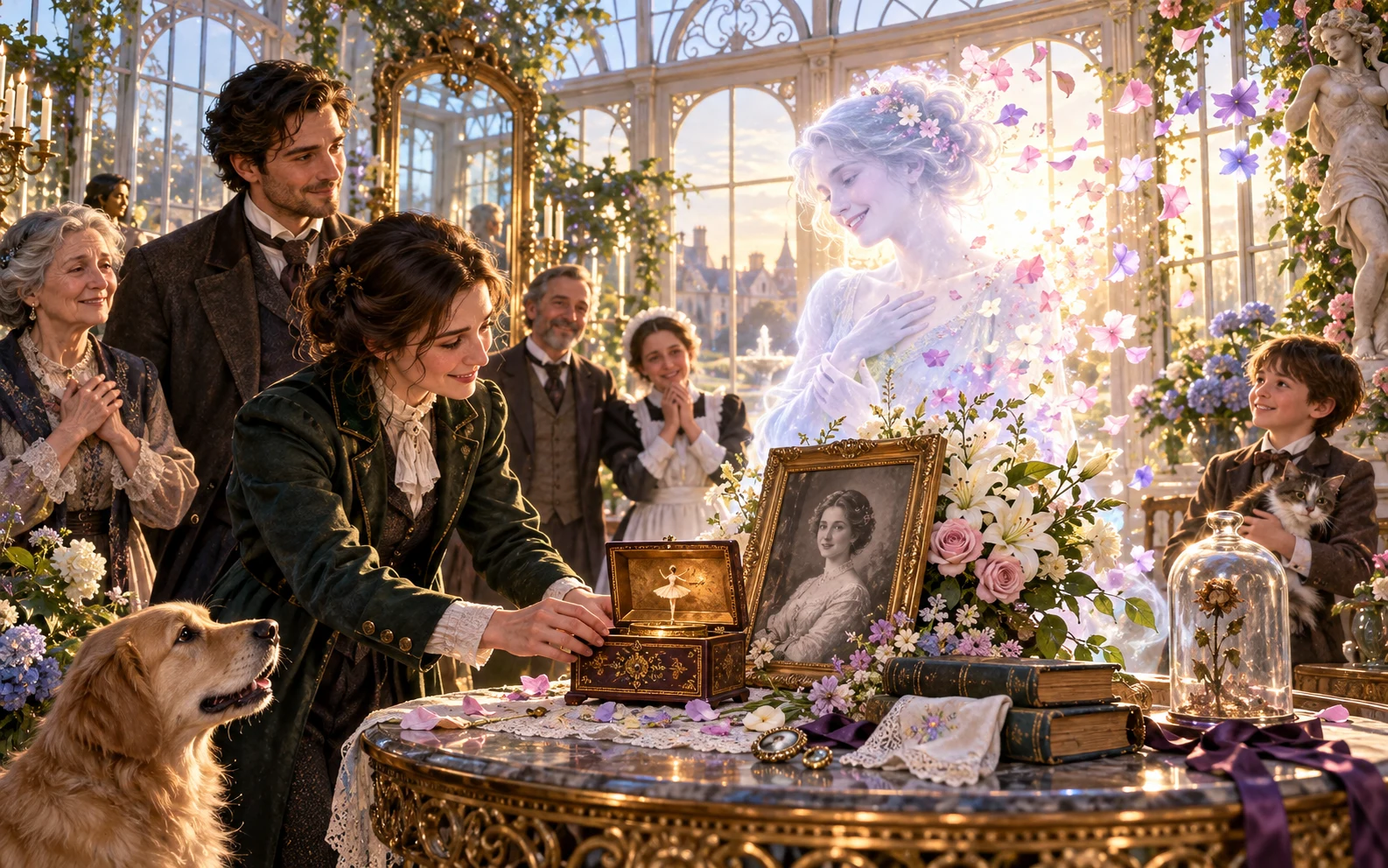 A gathered family watches a spirit find a peaceful resolution beside a portrait, music box and flowers.