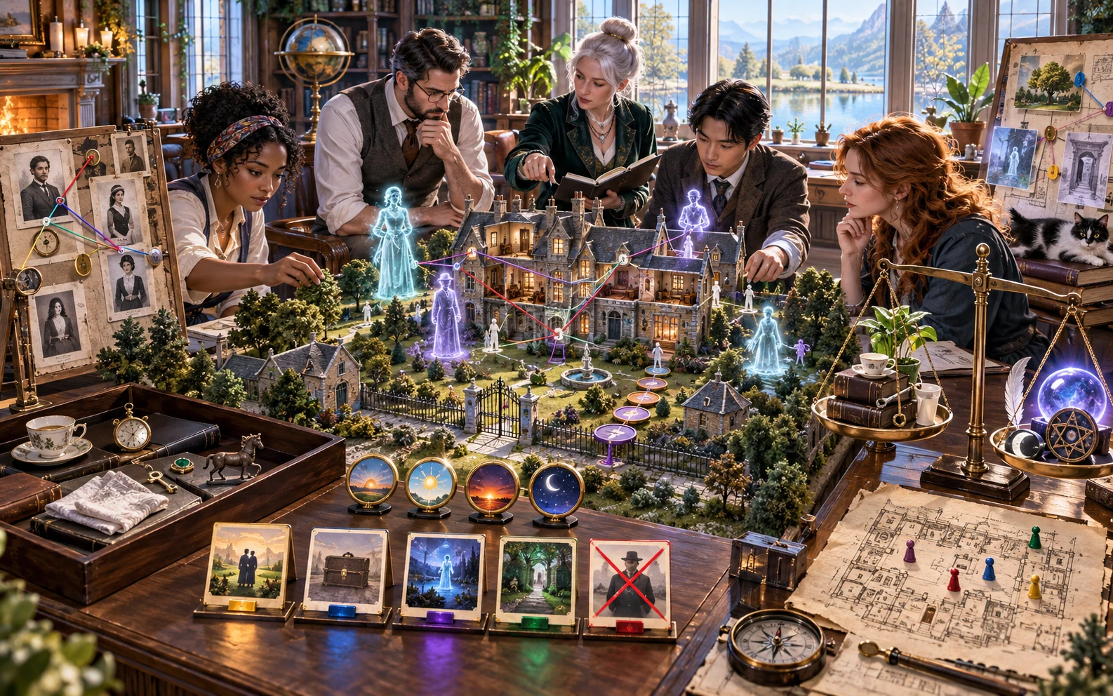 Investigators connect family portraits, a miniature haunted manor, spirit manifestations and time markers on an illustrated clue table.